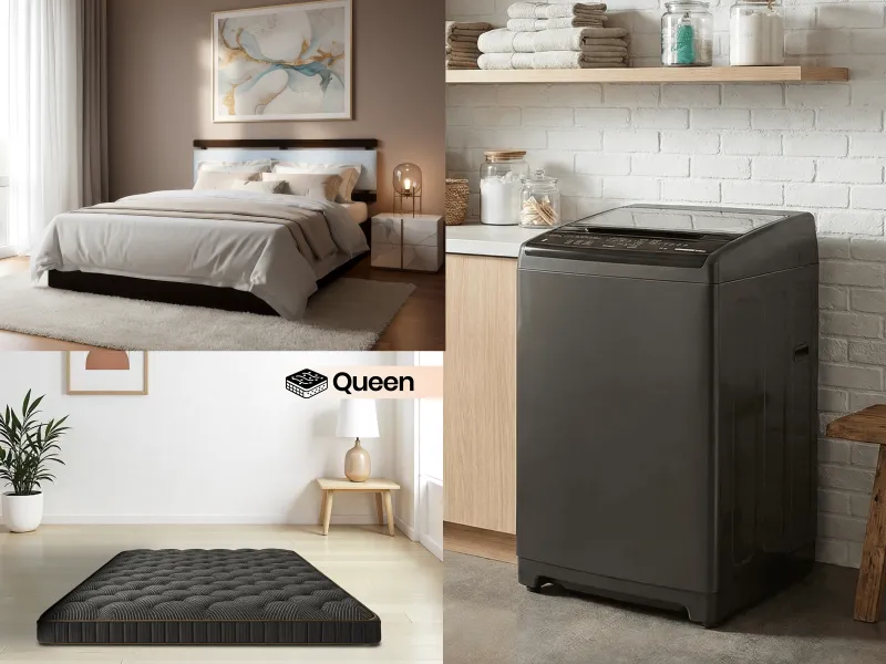 Crest Queen Size Double Bed With Premium Foam Mattress Queen Size (78 x 60 x 4 inches) With Washing Machine Top Load